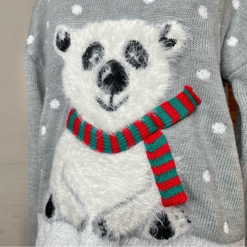 Holiday Time Grey White Polka Dot Polar Bear Snow Christmas Ugly Sweater Medium - Picture 5 of 9